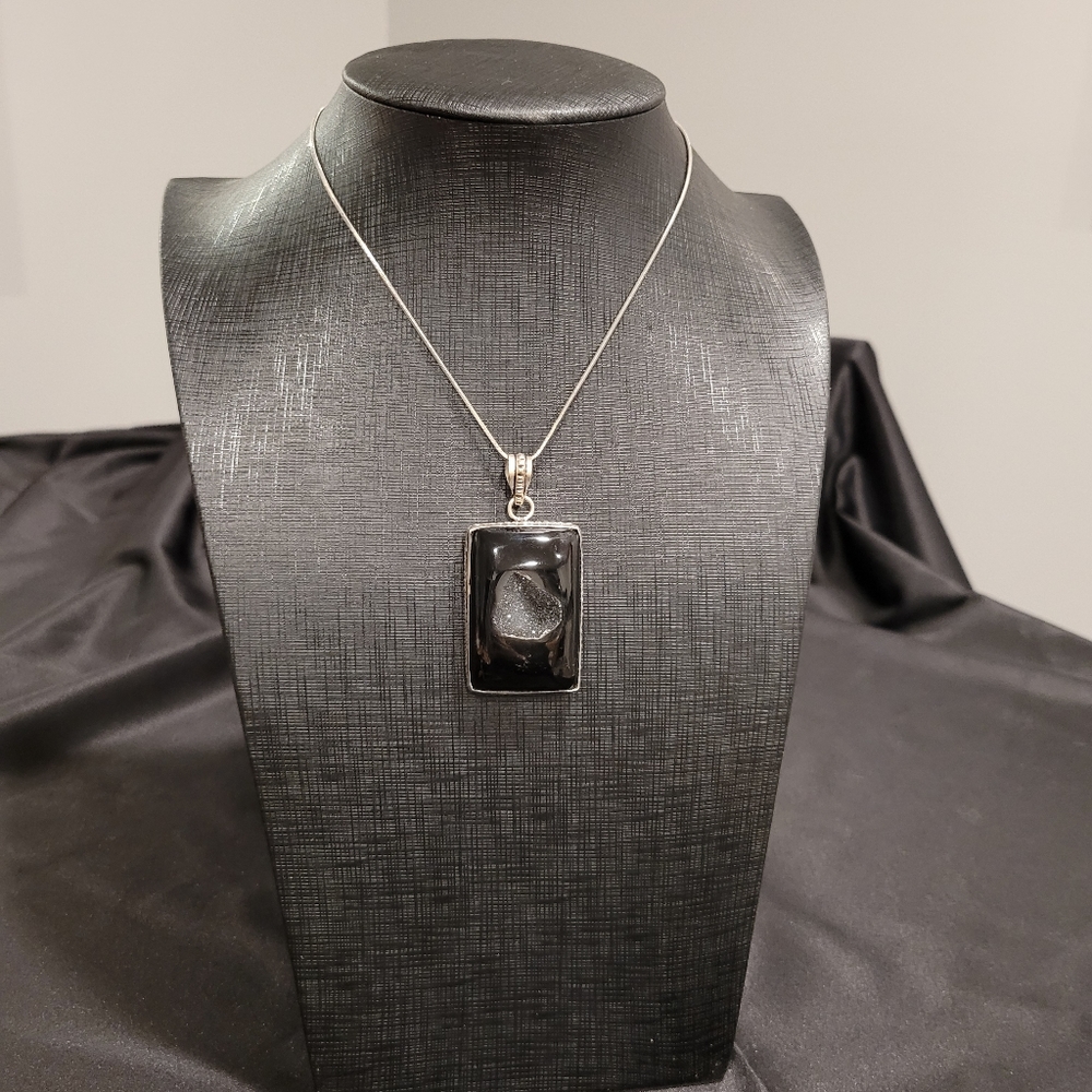 Black Agate Druzy & 925 Silver Pendant